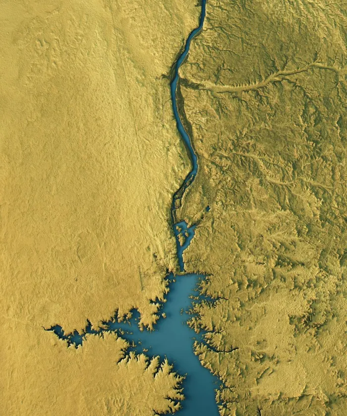 Vista aérea de un cuerpo de agua en un territorio árido